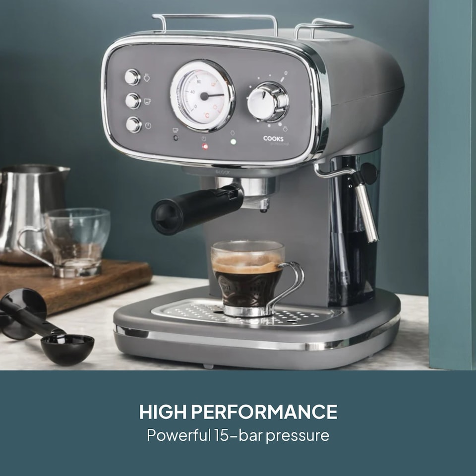 image 1 of Cooks Professional 15-Bar Retro Espresso Coffee Machine 1.2L with Frothing Steam Wand | Grey | Grey & Silver