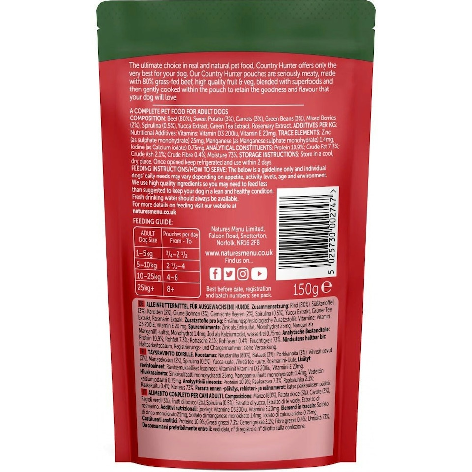 image 1 of Country Hunter Grass Grazed Beef Dog Pouch Multipack - 6 x 150g