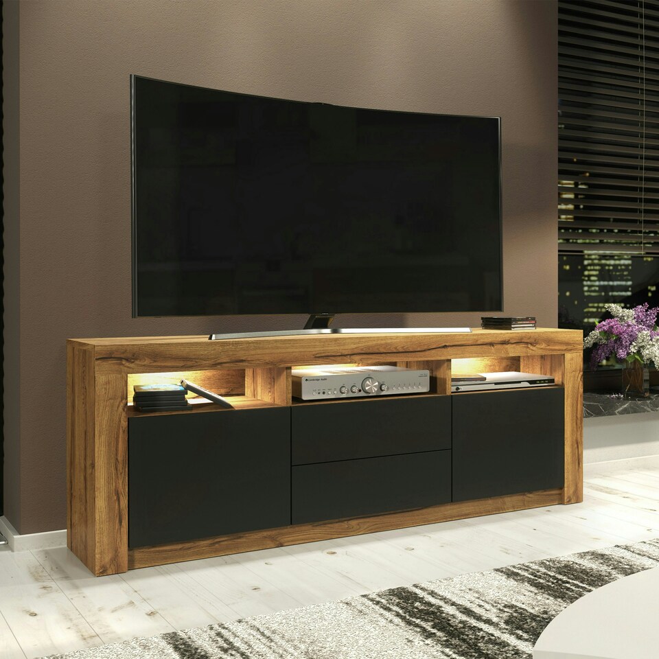 image 1 of TV Unit 160cm Black Matt Doors & Drawers Oak Matt Body Free LED Multi | Oak & Black