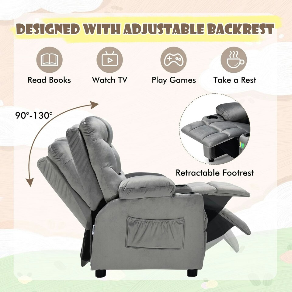image 1 of COSTWAY Kids Recliner Chair Velvet Adjustable Sofa Chair Grey | Grey | Chair