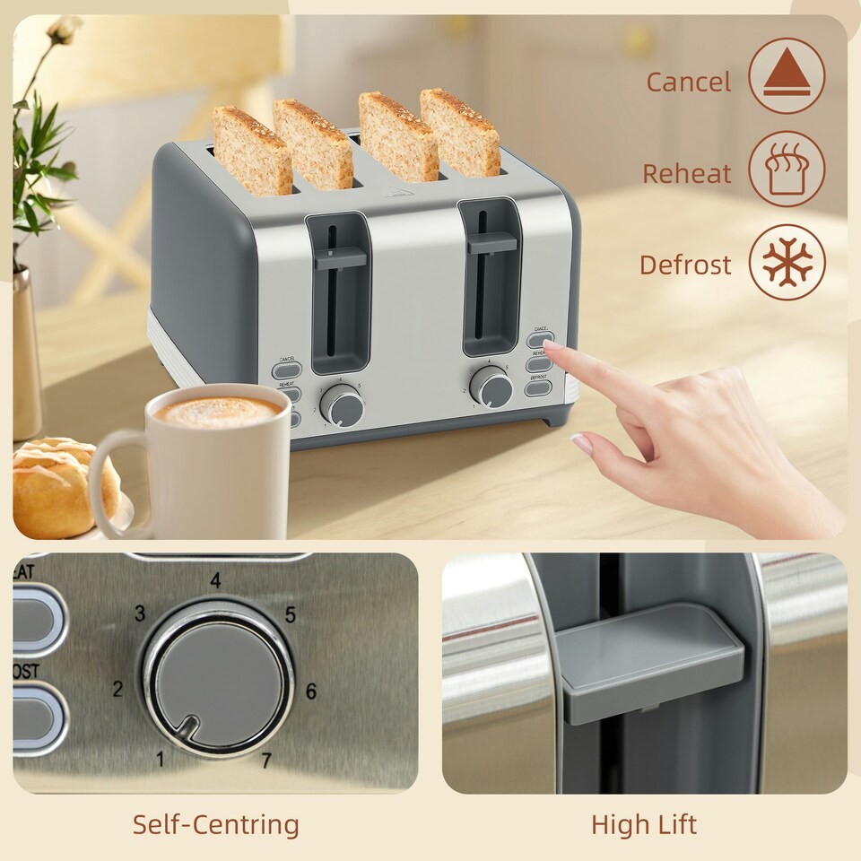image 1 of HOMCOM 1.7L 3000W Quick Boil Kettle and 4 Slice Toaster Set Crumb Tray Grey