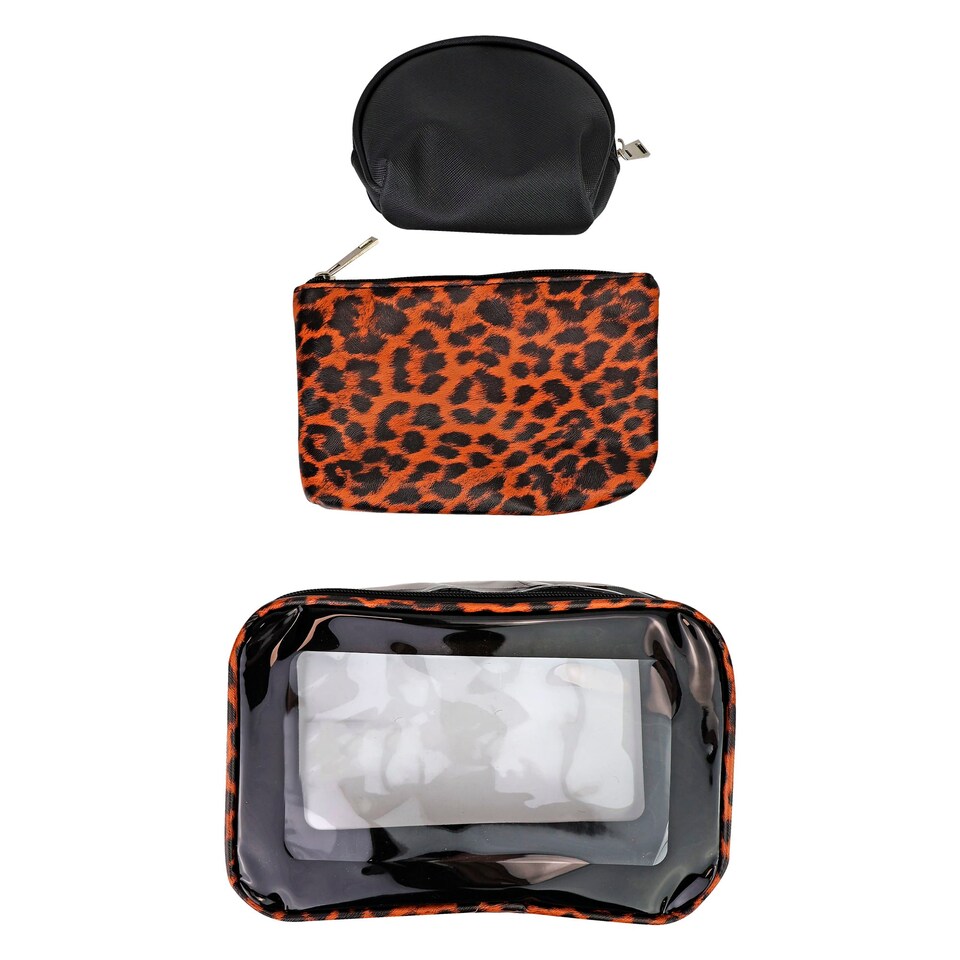 image 1 of 3 Piece Ladies Cosmetic Bag Set Leopard Print Makeup Toiletry Travel Bags