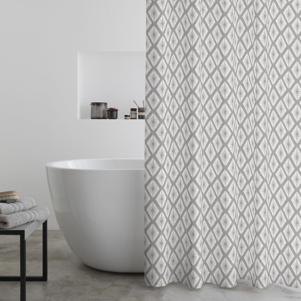 image 1 of Catherine Lansfield Aztec Diamond Shower Curtain | Silver | Silver Grey | One Size