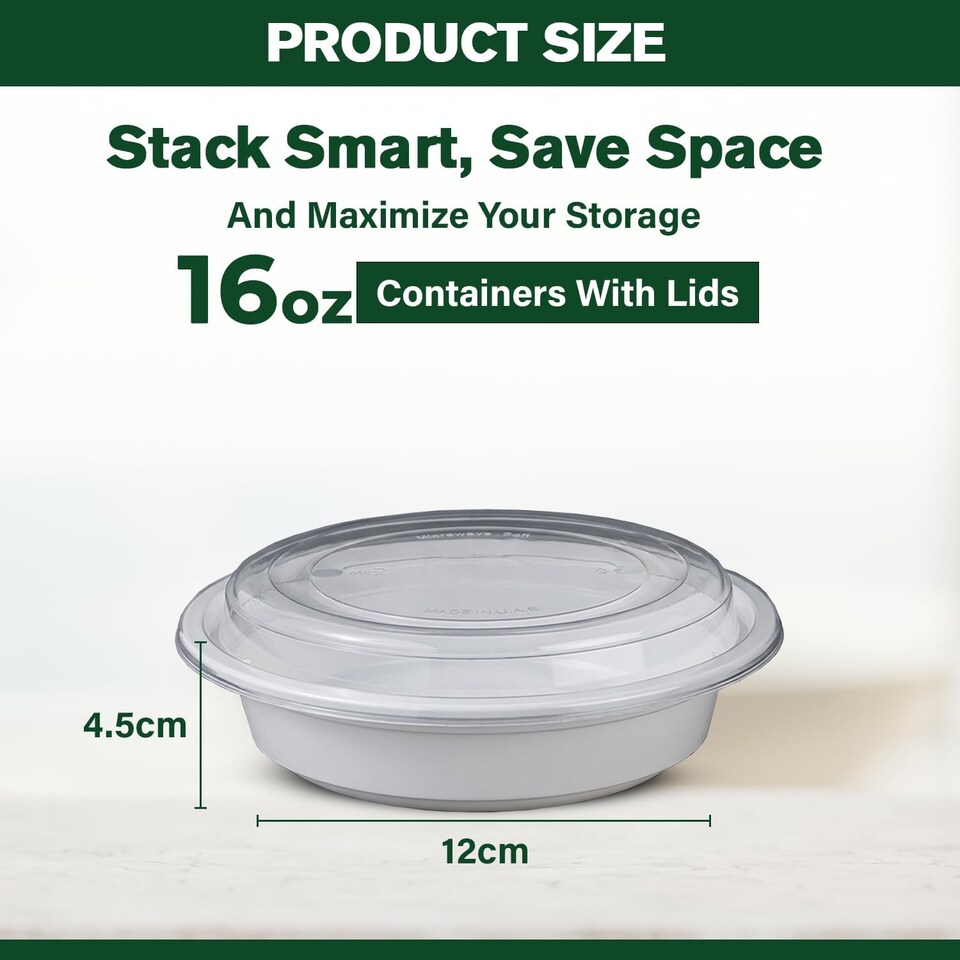 image 1 of 16oz Round White Plastic Meal Prep Containers With Lid BPA Free Food Storage Box 50pc
