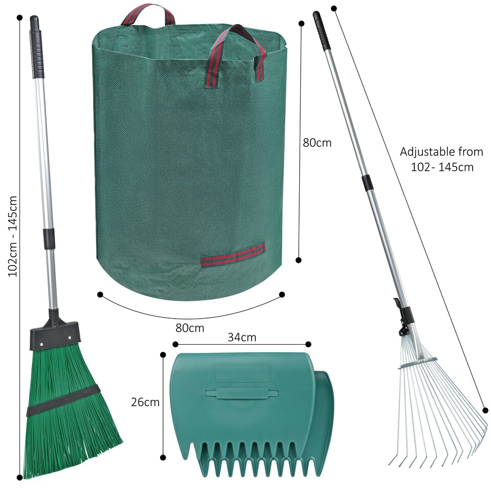 image 1 of 5-in-1 Garden Rake Set Adjustable Handle with 2 Large leaves Grabber Leaf Rake