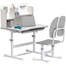 AIYAPLAY Kids Desk and Chair Set w Tiltable Desktop, Reading Rack | Grey | 2