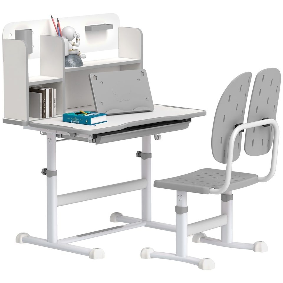 image 1 of AIYAPLAY Kids Desk and Chair Set w Tiltable Desktop, Reading Rack | Grey | 2