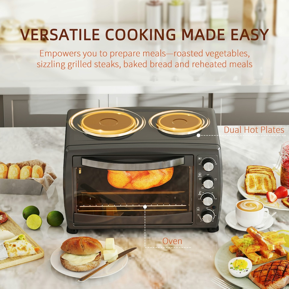 image 1 of HOMCOM 36L Countertop Toaster Oven with 2 Hot Plates, Grill, Roast, Bake