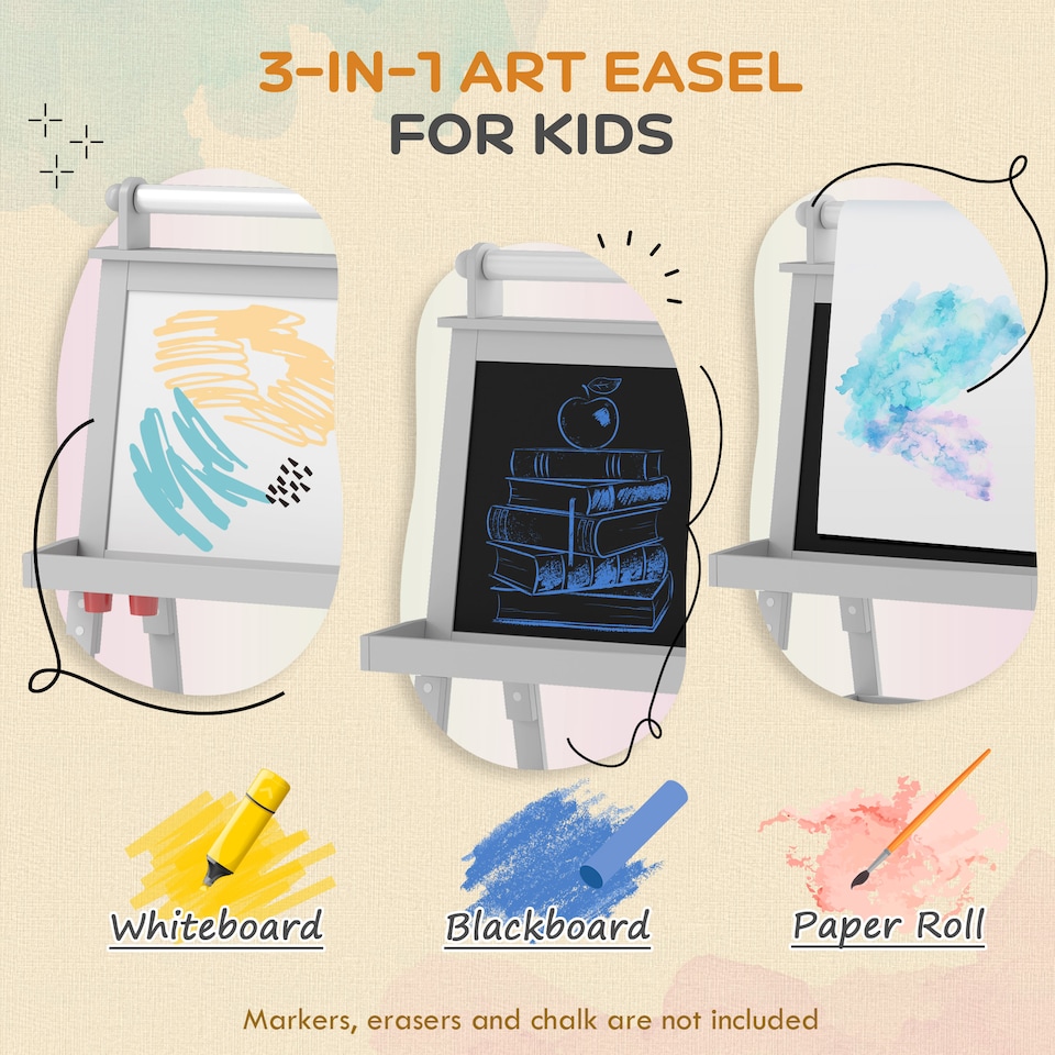 image 1 of AIYAPLAY Double-Sided Art Easel for Kids w/ Paper Roll, Storage Baskets Grey