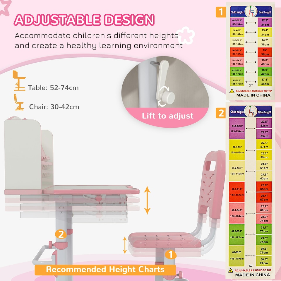 image 1 of ZONEKIZ Kids Desk and Chair Set, Height Adjustable Study Table for 6-12 Years Pink