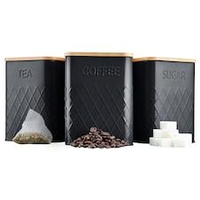 Cooks Professional Kitchen Storage Set | 3-Piece Square with Bamboo Lids | Tea Coffee Sugar | Black