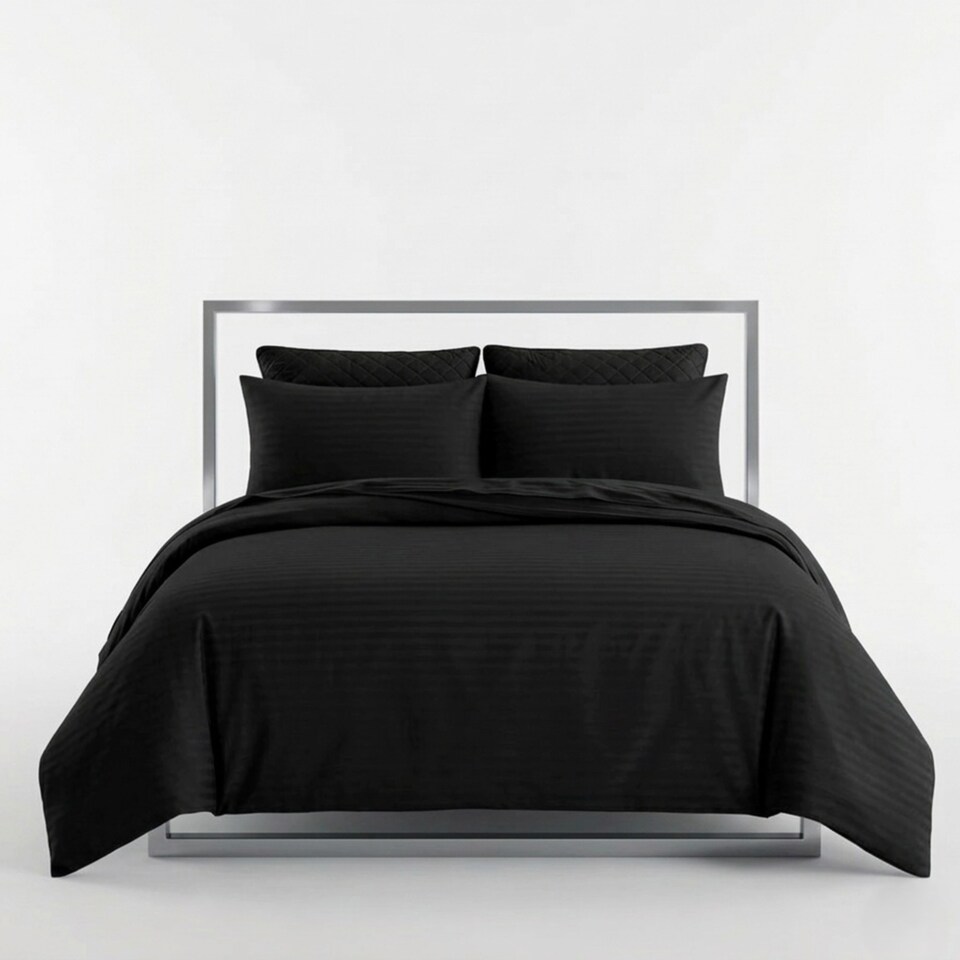 image 1 of Luxury Satin Stripe Duvet Cover Set T250 Cotton Rich Soft Bed Linen | Black | Double