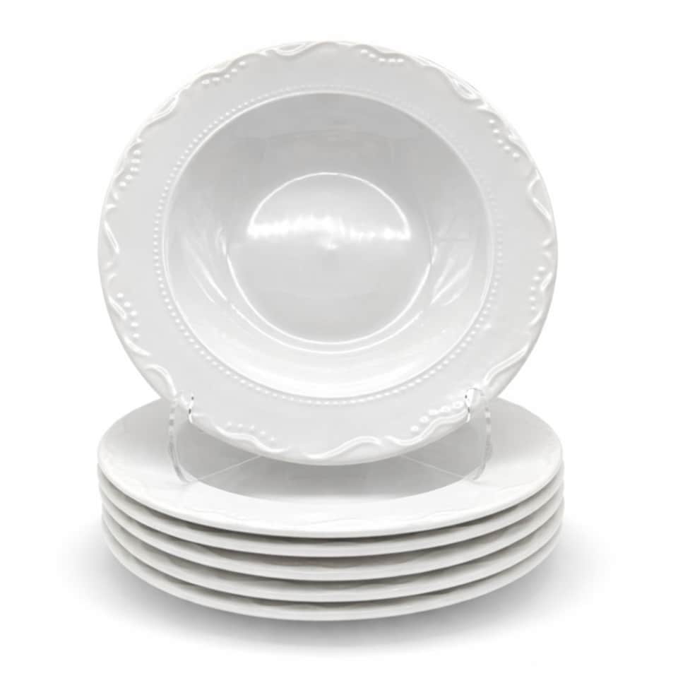 image 1 of Soup Bowl Pasta Plate 4pc Set Porcelain White Embossed Floral Dot Rim