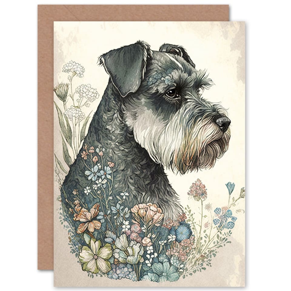 image 1 of Dog Lover Grey Schnauzer With Spring Wildflowers Boho Greeting Card