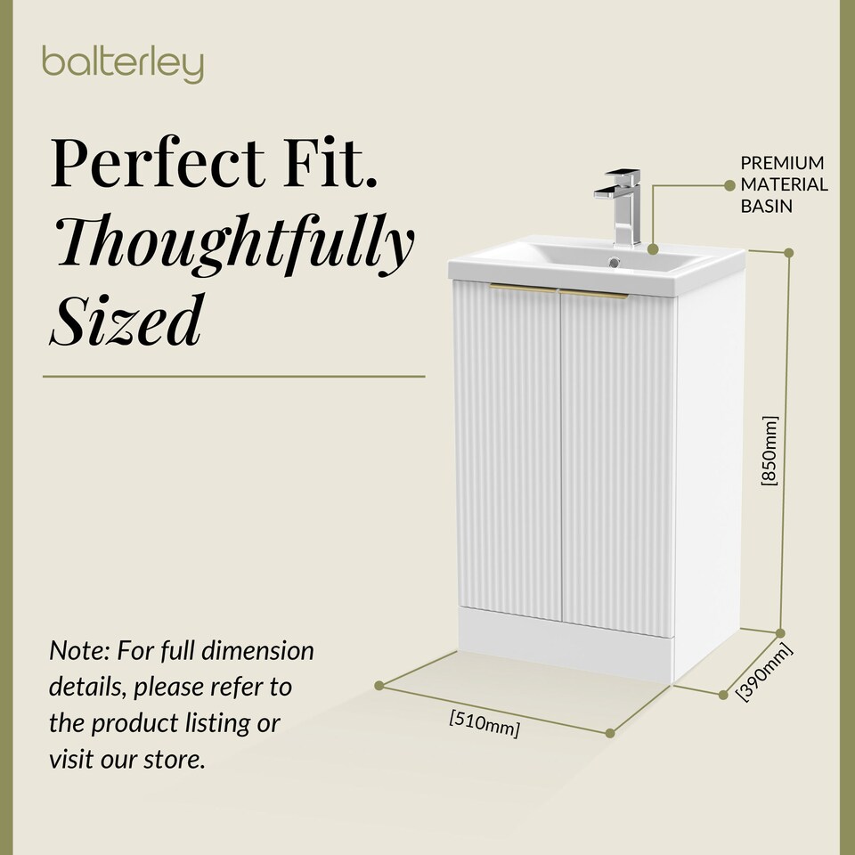 image 1 of Balterley Fluted 2-Door Floor Standing Vanity Unit with Basin & Handles | White | Satin White