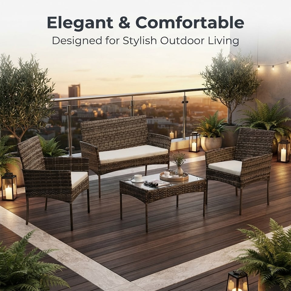image 1 of Alivio 4-Seater Rattan Furniture Set with Coffee Table & Anti-UV Cushions for Indoor, Outdoor Patio