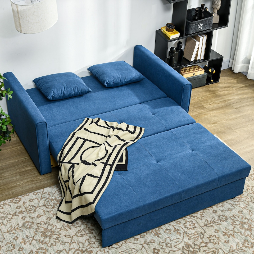 image 1 of HOMCOM 2 Seater Sofa Bed with Hidden Storage, Pull Out Convertible Bed Settee, Modern Snow Flannel Loveseat Sofa Sleeper with 2 Cushions for Living Room, Guest Room, Deep Blue