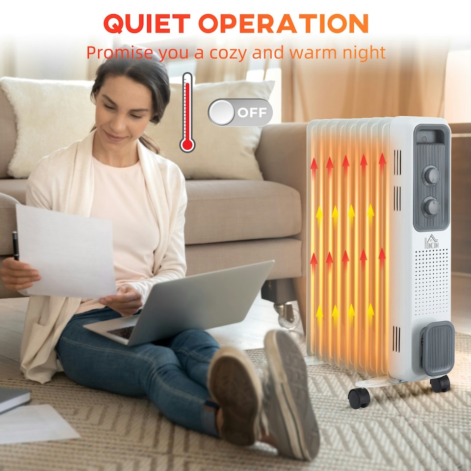 image 1 of HOMCOM Oil Filled Radiator Portable Heater W/ 9 Fin, 3 Heat Settings White