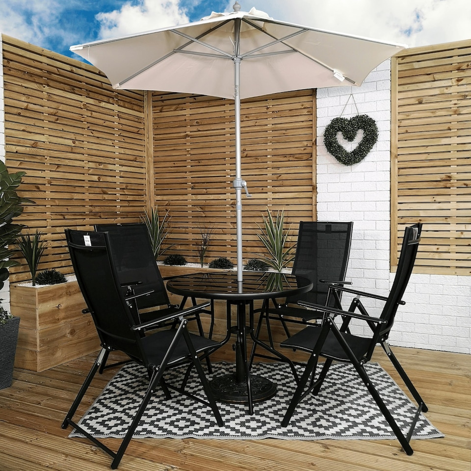image 1 of Outdoor 4 Person Round Glass Top Garden Patio Dining Table Chairs Cream Parasol and Base Set