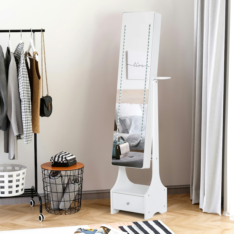 image 1 of HOMCOM Freestanding Jewellery Storage Mirror Armoire w/ LED Lights Hooks Drawer
