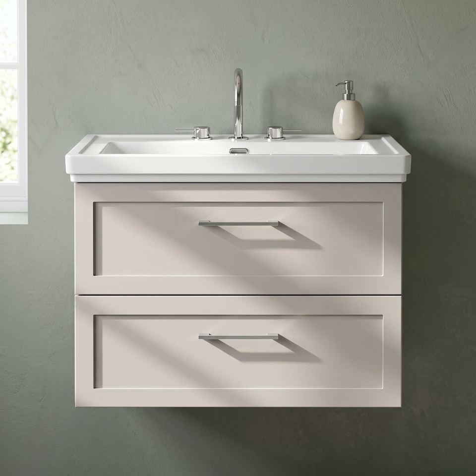 image 1 of Balterley Stonnall Traditional Wall Hung 2 Drawers Vanity Unit with Traditional 3 Tap Hole Fireclay Basin, 800mm, Pebble Grey