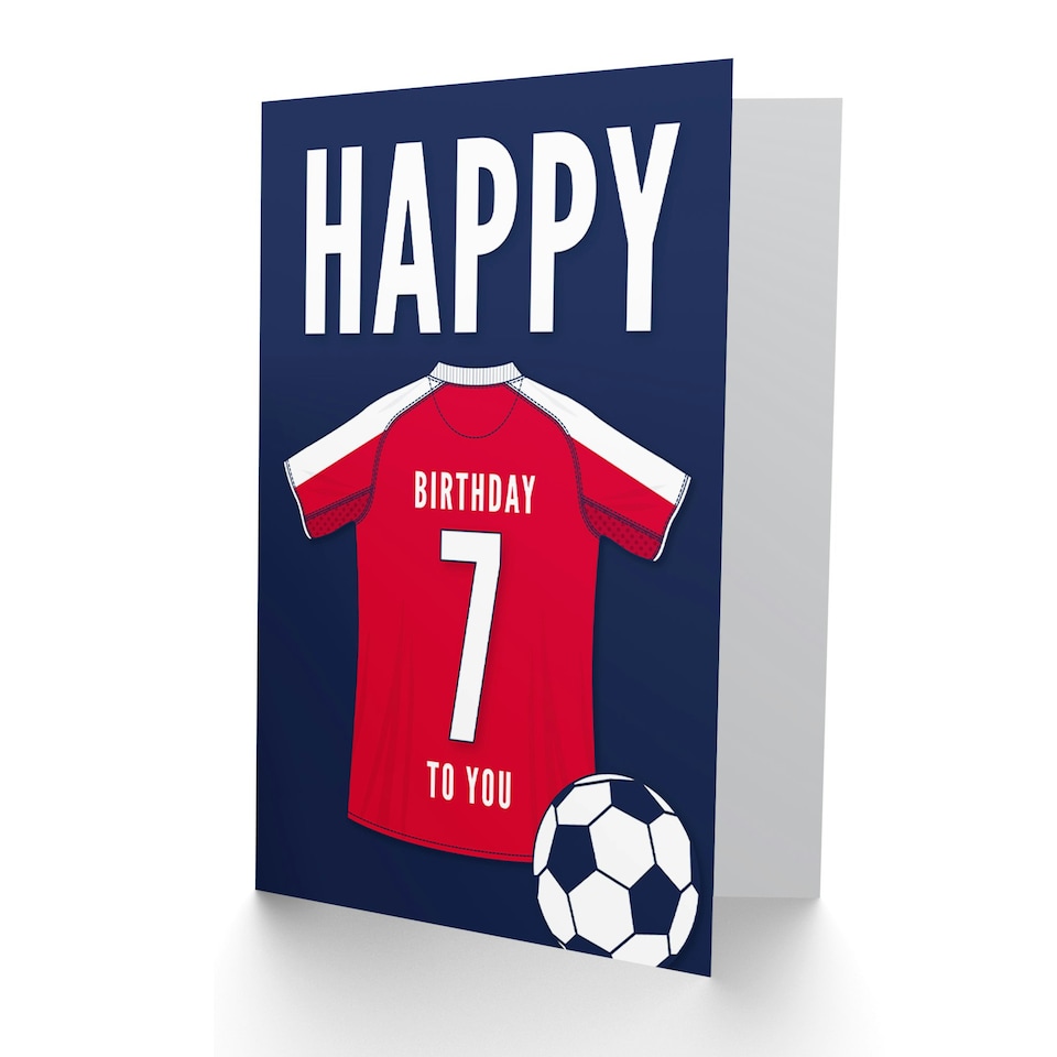 image 1 of Football Strip Kit White Red Top On Age 7 Year Old Child Kids 7th Birthday Card
