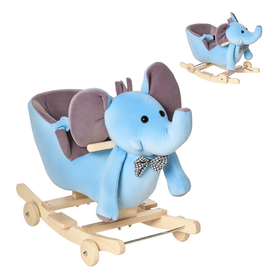image 1 of HOMCOM 2 In 1 Plush Baby Ride on Rocking Horse Elephant Rocker with Wheels Wooden Toy for Kids 32 Songs for 18 Plus Months (Blue)