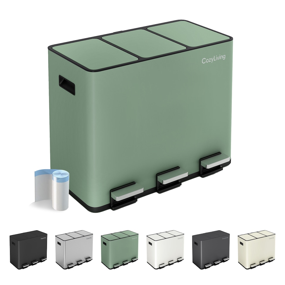 image 1 of CozyLiving 45L Triple Pedal Bin for Recycling and General Waste Rubbish Kitchen Bin 3x 15L