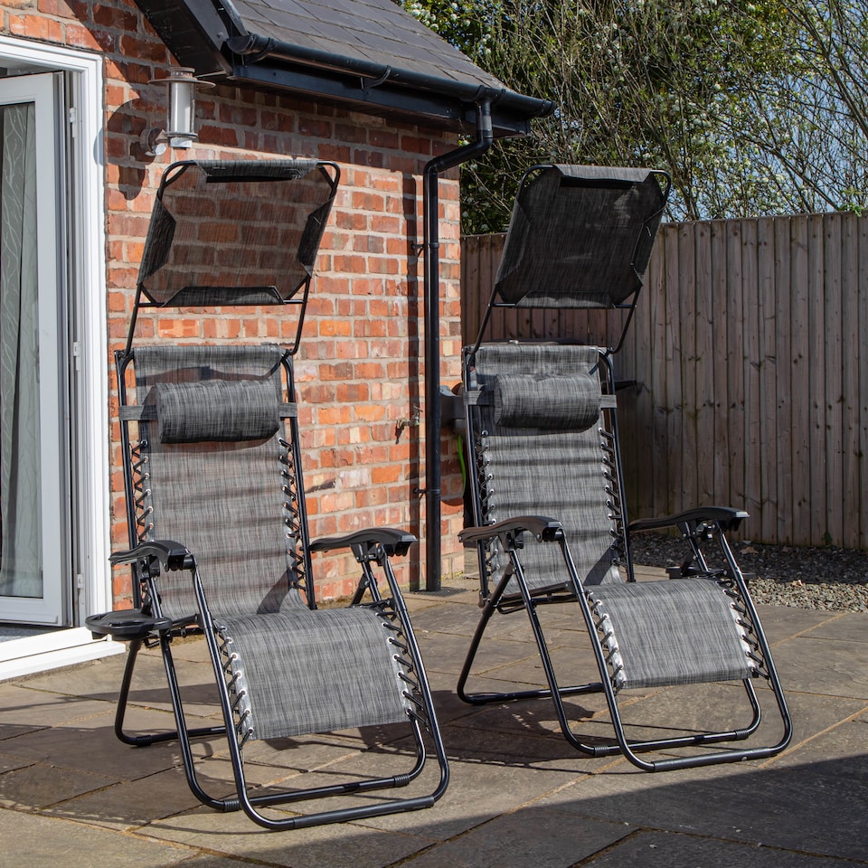 image 1 of Pack of 2 Multi Position Garden Gravity Relaxer Chair Sun Loungers with Sun Canopy in Grey | Grey | Grey