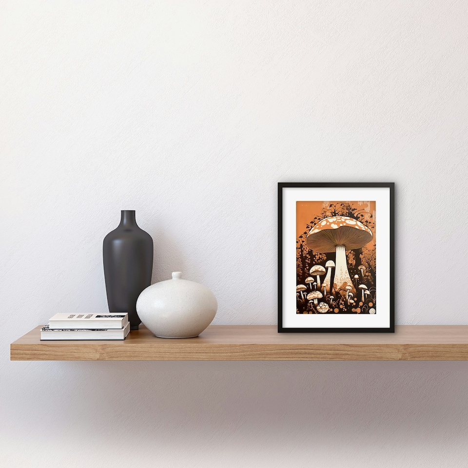 image 1 of Vintage Mushroom Red Cap Fungi Orange Brown 9x7" Black Framed Wall Art Print
