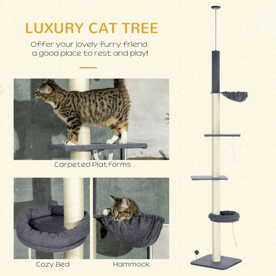 image 1 of PawHut 5 Tier Cat Climbing Tower, 240-270cm Height Adjustable, Dark Grey