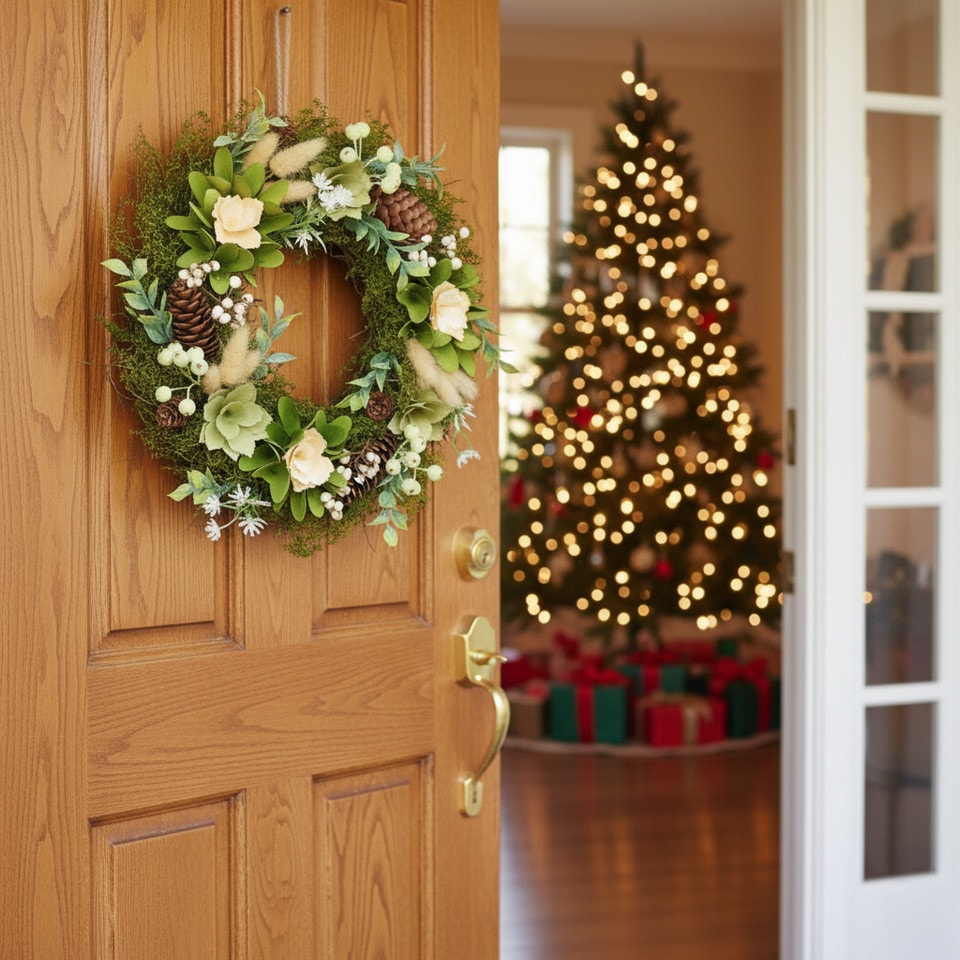 image 1 of Hanging Door Wreath Round Spring Easter Christmas Wall Decor Traditional Festive | Multi | Green, Cream & Pink | 25cm | 1