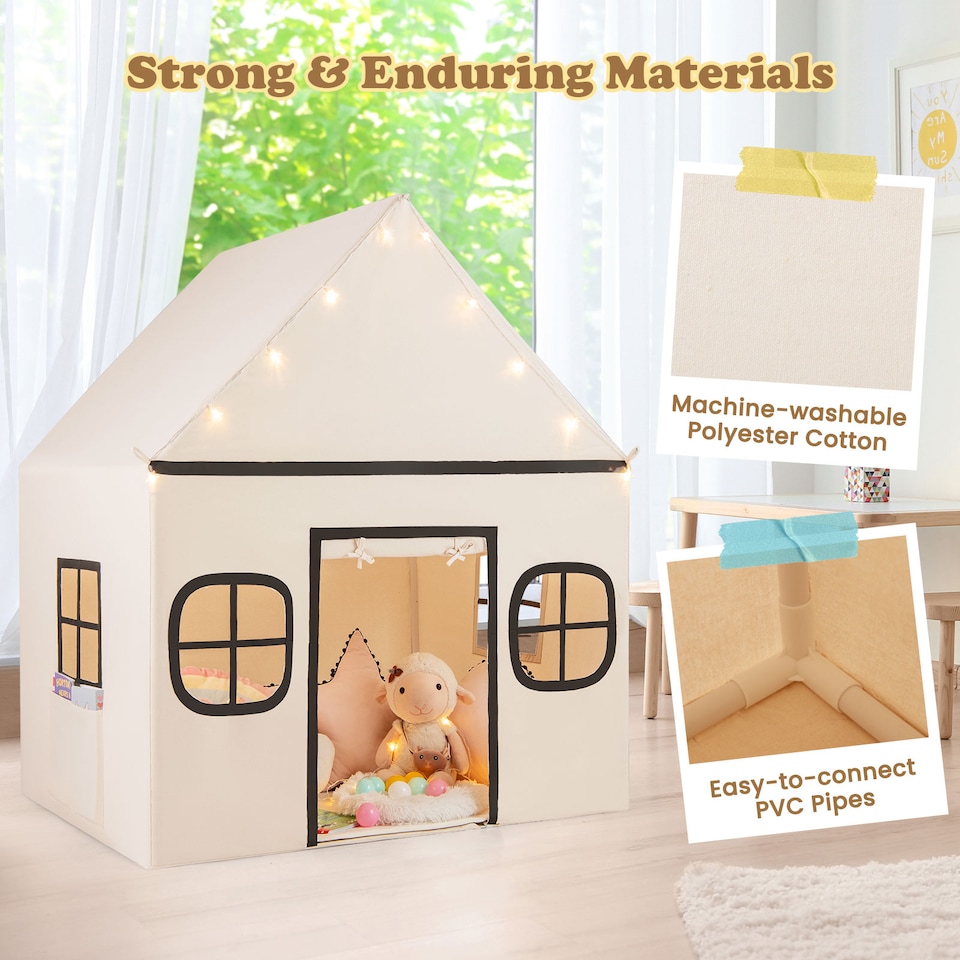 image 1 of COSTWAY Kids Play Tent Large Playhouse w/ Door Curtain & Windows-Beige + Grey
