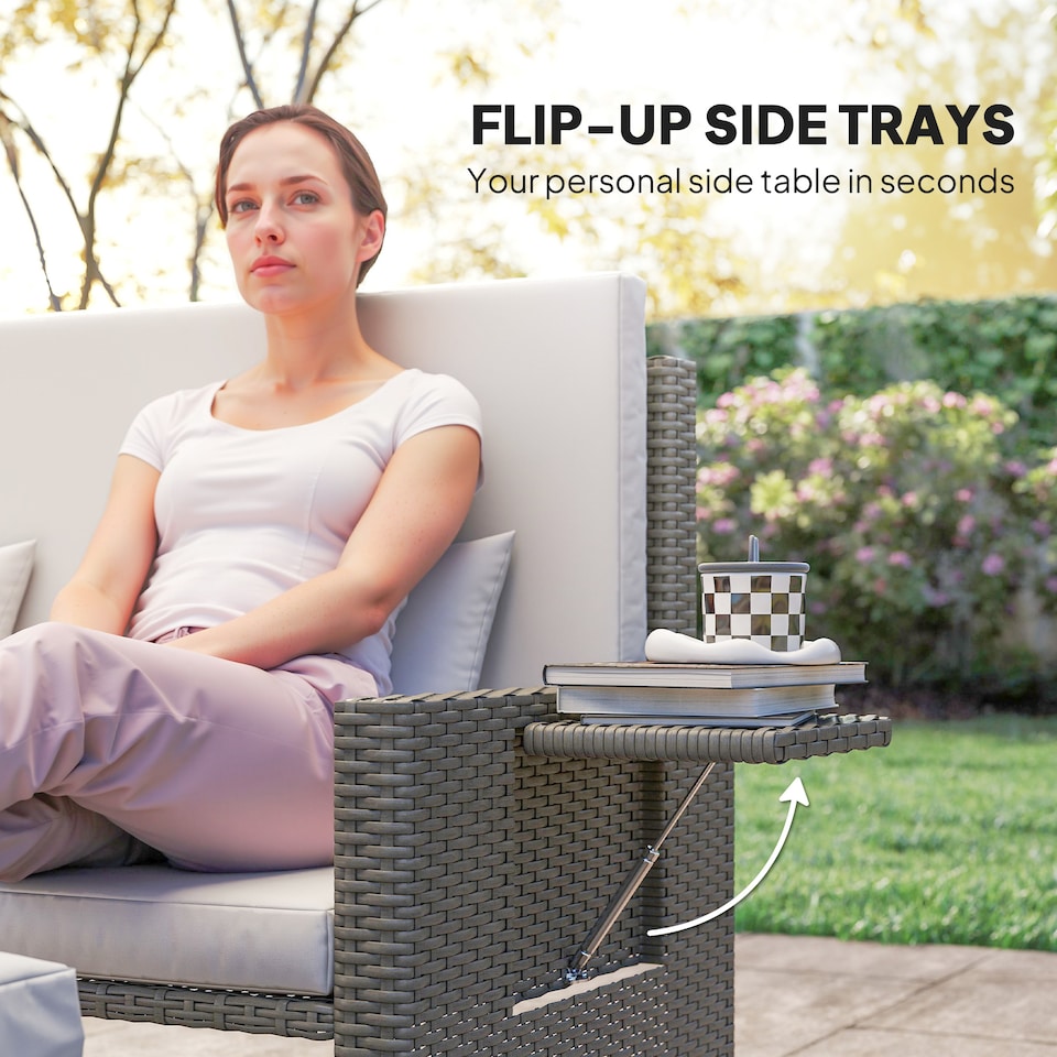 image 1 of Outsunny Rattan Garden Daybed, Assembled Double Sun Lounger with 5-Level Adjustable Back, Storage Ottoman, Cushions, Pillows and Retractable Trays, Outdoor Loveseat Sofa Bed for Patio, Light Grey | Grey | Light Grey | One Size