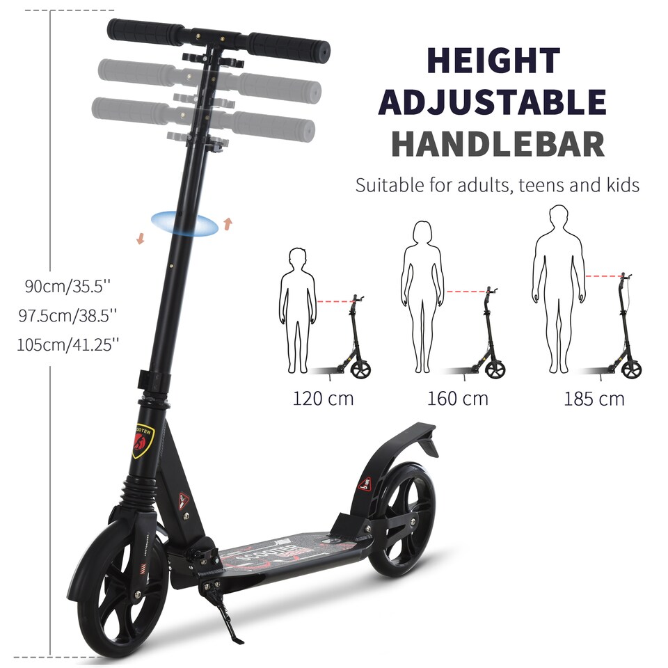 image 1 of HOMCOM Folding Kick Scooter, Adjustable Ride On Scooter with 200mm Big Wheels and Double Shock Absorption, Urban Scooter for 14 older Teens Adult, Black