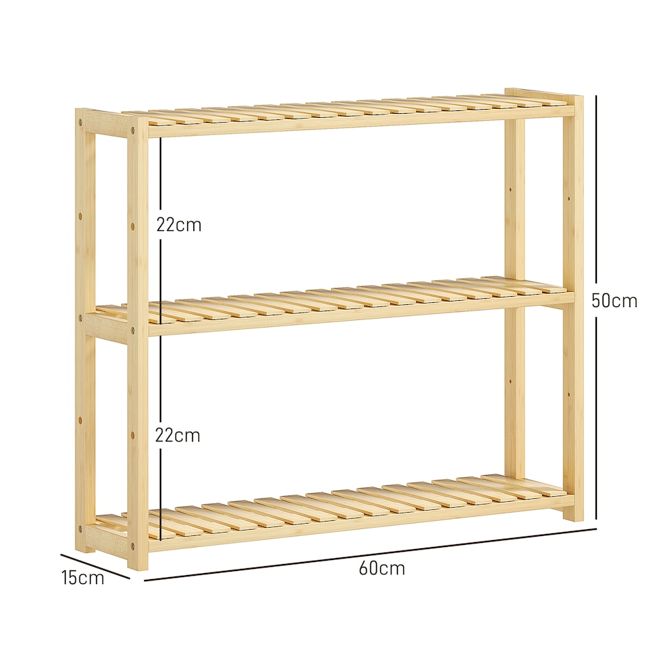 image 1 of HOMCOM 3-Tier Bamboo Bathroom Storage Shelf, Wall-Mounted or Stand, Display Stand Shelving Unit with Adjustable Rack for Kitchen Bathroom Living Room, Natural