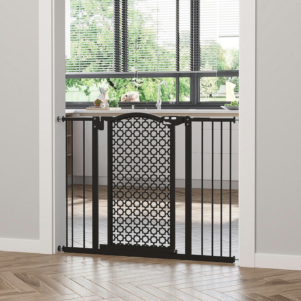 image 1 of PawHut 74-105cm Pet Safety Gate, Pressure Fit Stair with Double Locking - Black