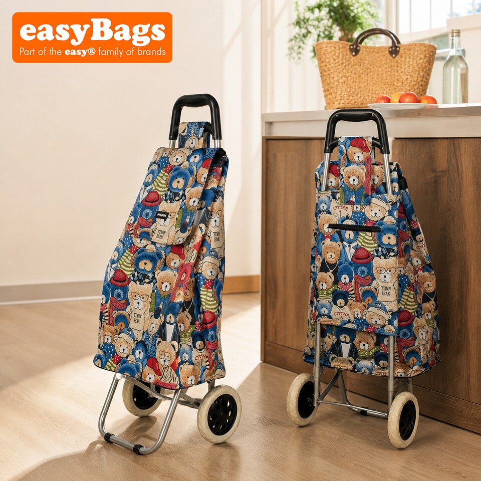 image 1 of Travel Teddybear Shopping Trolley - Dimensions for the Frame and the Bag are Included Blue with Red