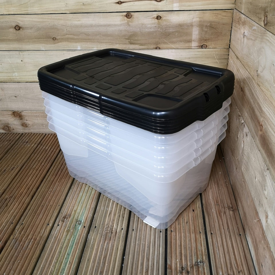 image 1 of 6 x 42L Clear Storage Box with Black Lid, Stackable and Nestable Design Storage Solution