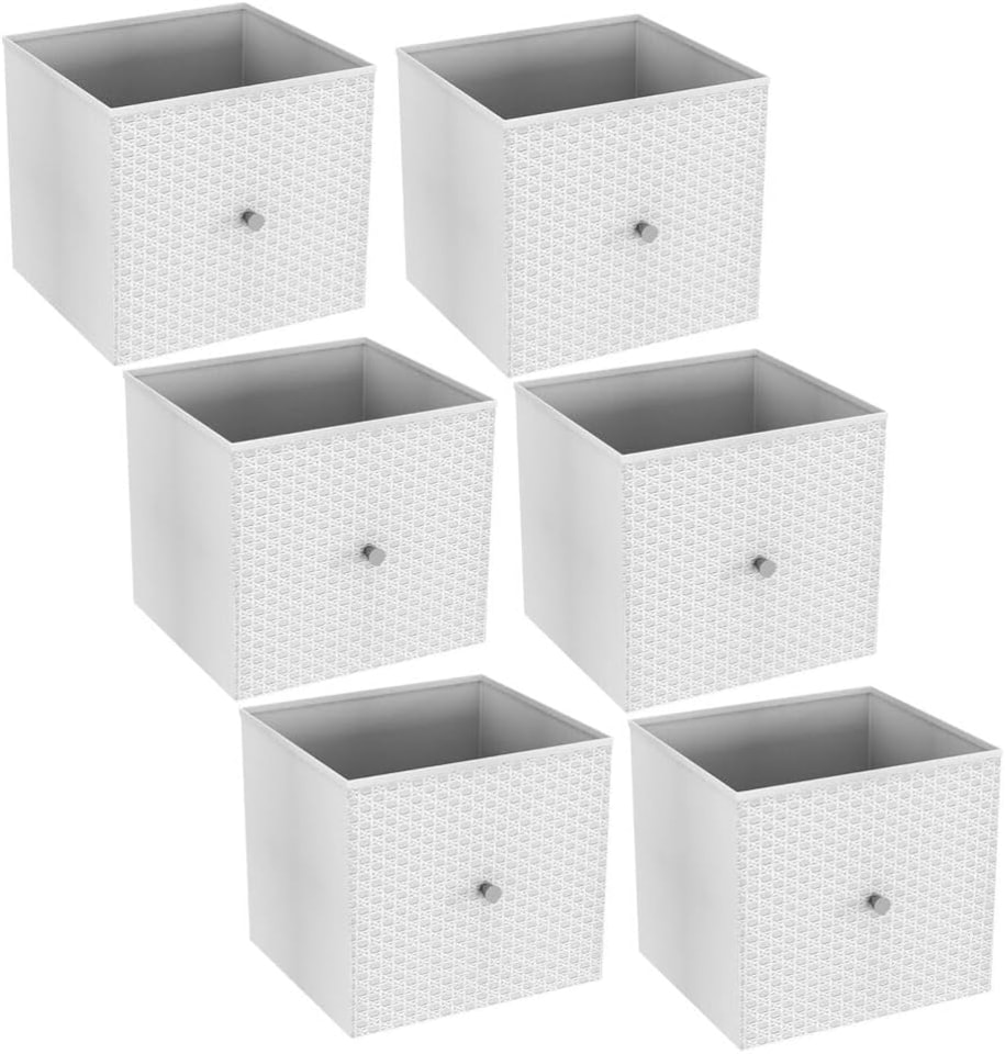 image 1 of Foldable Woven Fabric Storage Cube Box Drawer Insert Organiser Basket with Handle | White | White | Pack of 6 | 6