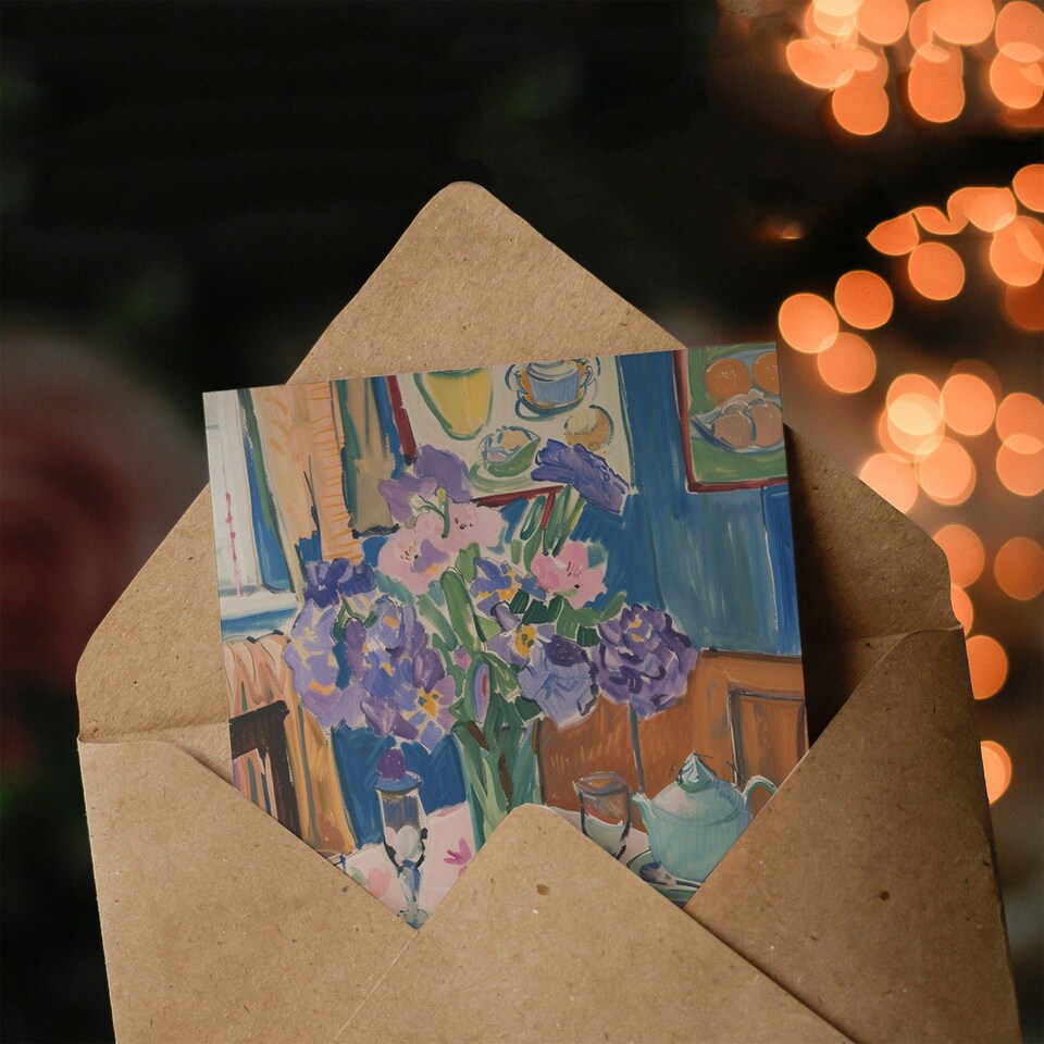 image 1 of Lunch Table Purple Flower Bouquet Classic Her Birthday Card