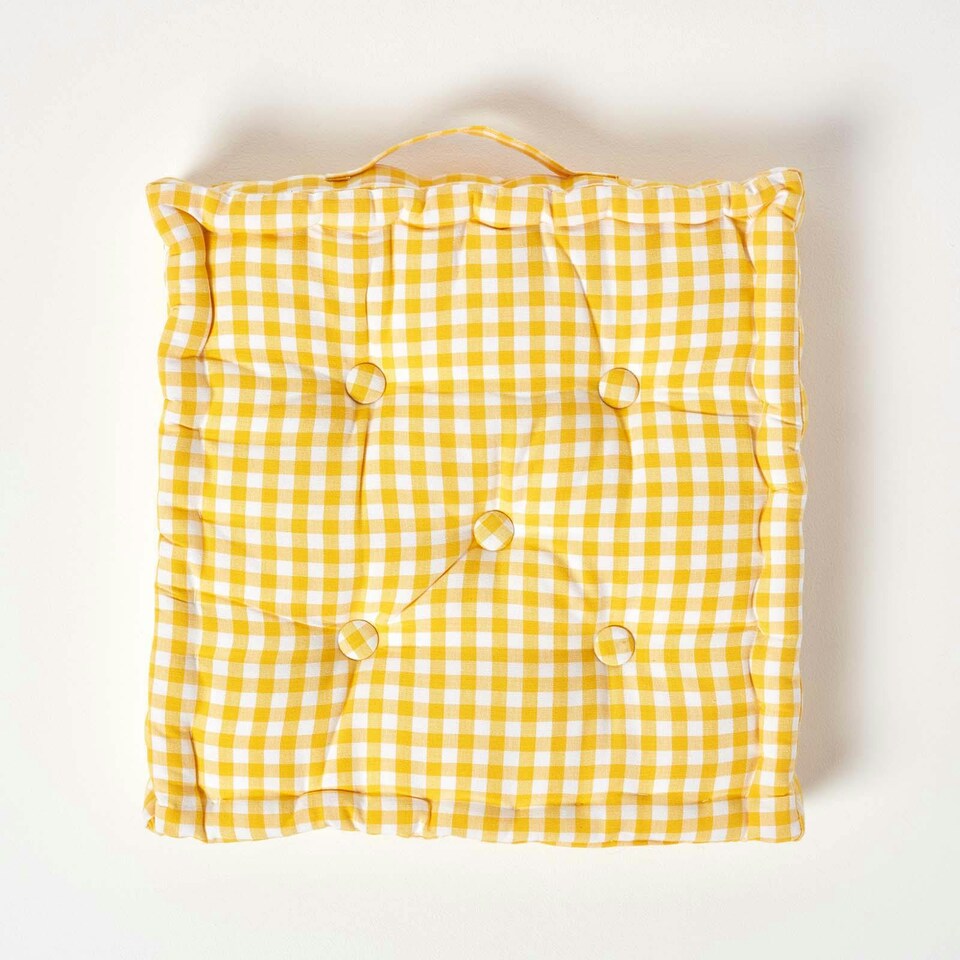 image 1 of Homescapes Cotton Gingham Check Yellow Floor Cushion - 40 x 40 cm | Yellow | 40 x 40 cm