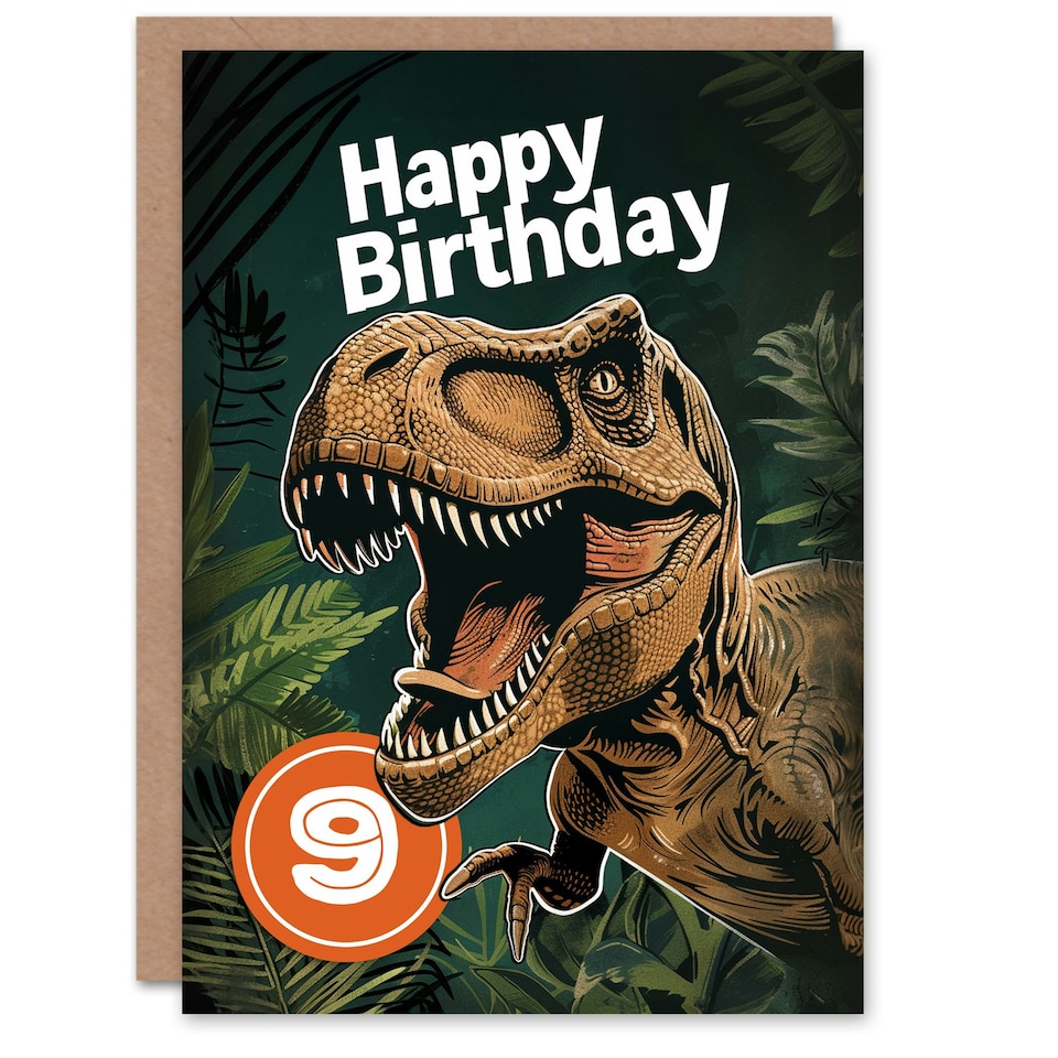 image 1 of Jurassic Dinosaur Roaring T-Rex Jungle 9th 9 Year Old Child Kids Birthday Card