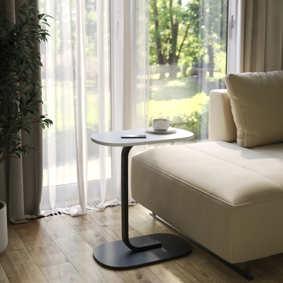 image 1 of C Shaped Oval Side End Wood & Metal Table Bedside Couch Sofa Living Room Bedroom | Multi | White