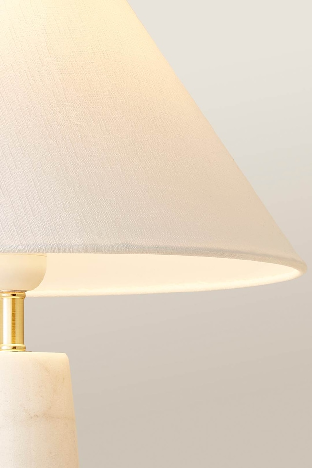 image 1 of ValueLights Margot White Marble Bedside Table Lamp Linen Taper Shade & Bulb | White