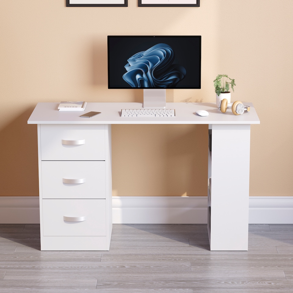 image 1 of Vida Designs Mason 3 Drawer 3 Shelf Computer Desk Home Office Workstation, White