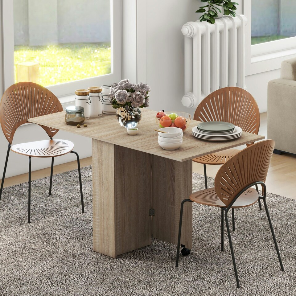 image 1 of HOMCOM Mobile Drop Leaf Dining Table, Folding Desk with 2 Wheels, Natural