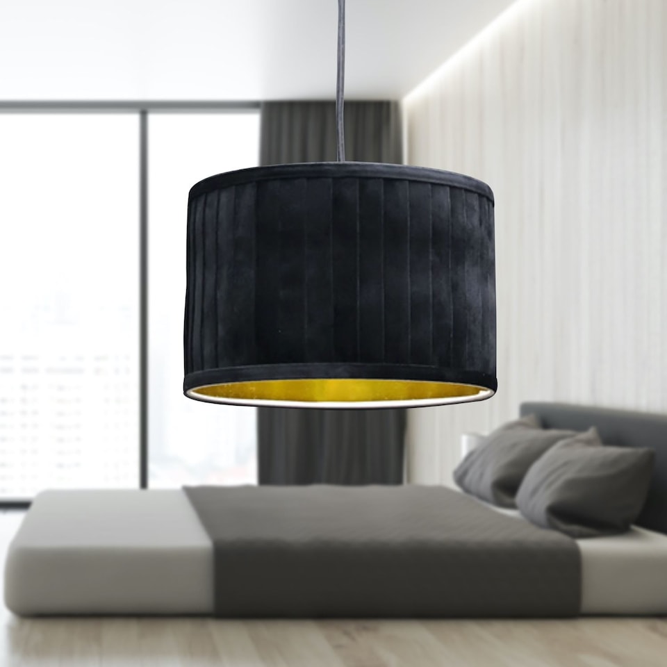 image 1 of Set of 2 Sundance - Black Velvet Pleated 30cm Lamp Shades with Gold Inner | Black | Gold | Large | 2
