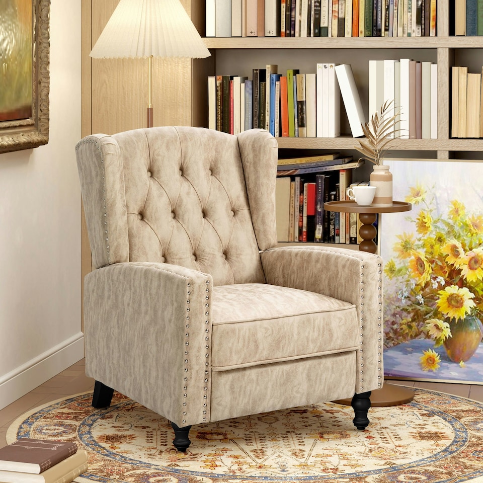 image 1 of HOMCOM Marble Effect Manual Reclining Armchair w/ Footrest Studs Wood Legs Beige