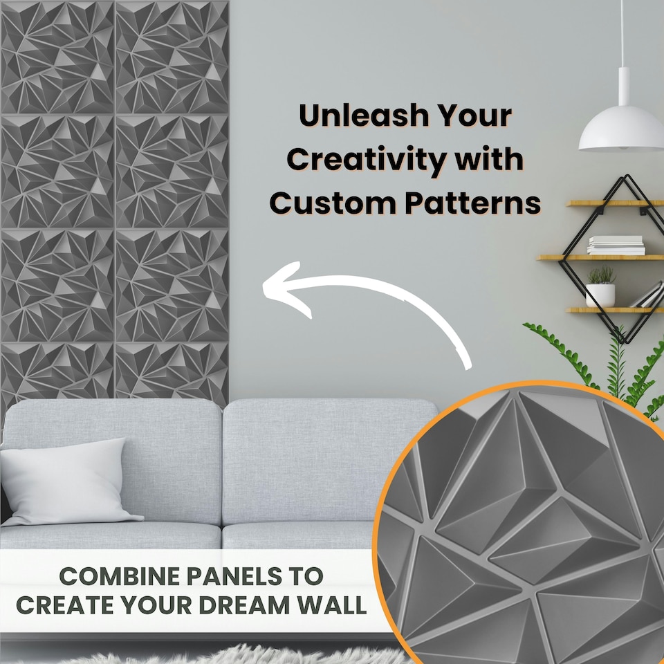 image 1 of NOVECRAFTO Diamond Effect 3D Wall Panels – 6 Sheets Covering 1.5 sqm (16.15 sqft) – Matte Interior PVC Cladding Tiles – 19.6"x19.6" Diamond Design Grey Silver